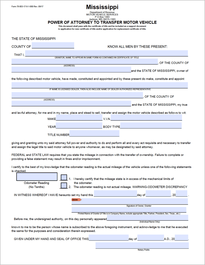 Mississippi Vehicle Power of Attorney (78-003) preview