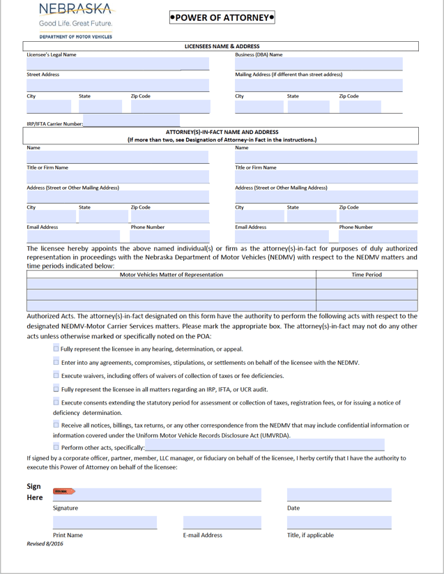 Nebraska Motor Vehicle Power of Attorney Form preview
