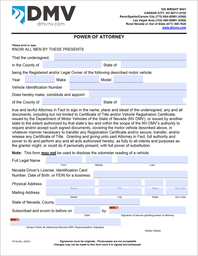 Nevada Motor Vehicle Power of Attorney (VP136) preview