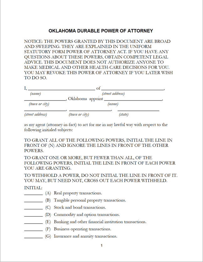 Oklahoma Power of Attorney Forms preview