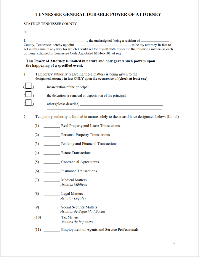 Tennessee Power of Attorney Forms preview