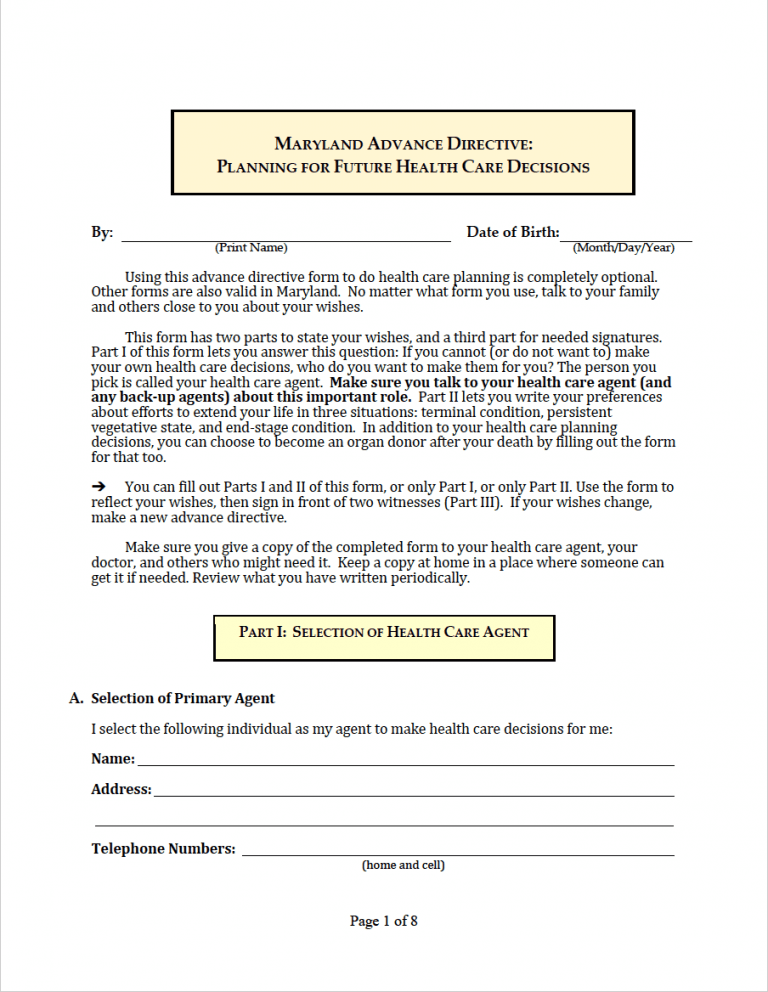 Maryland Advance Directive Form preview