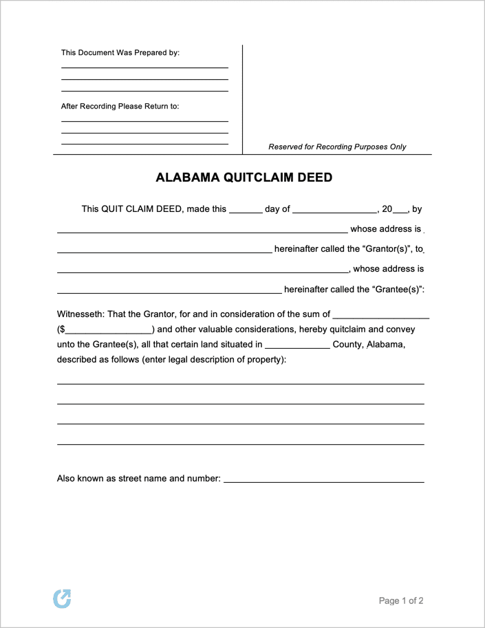 Alabama Quit Claim Deed Form preview