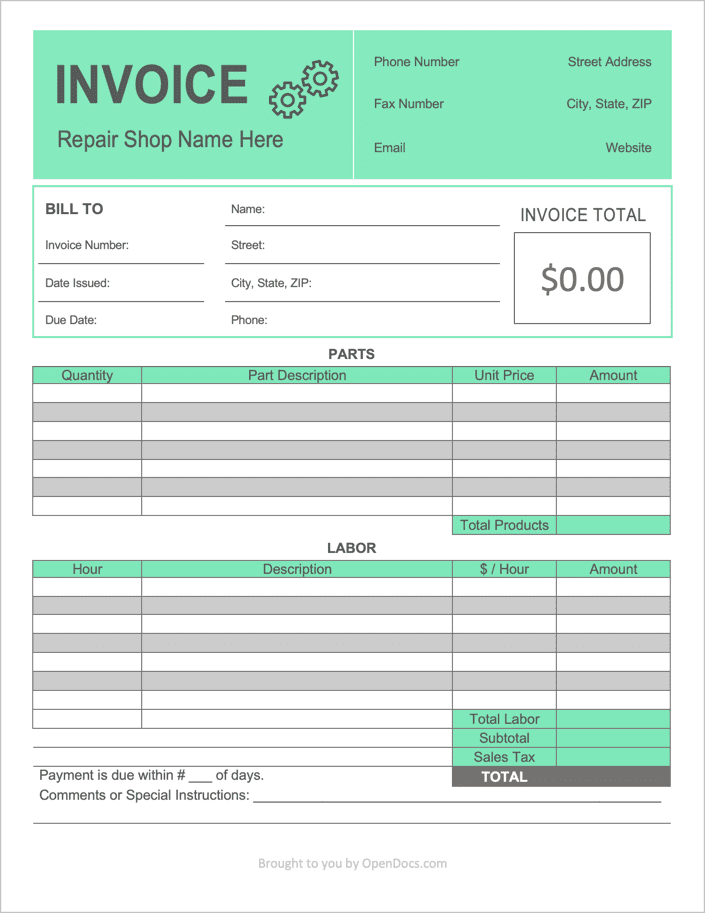 Auto Repair (Mechanic) Invoice Template preview