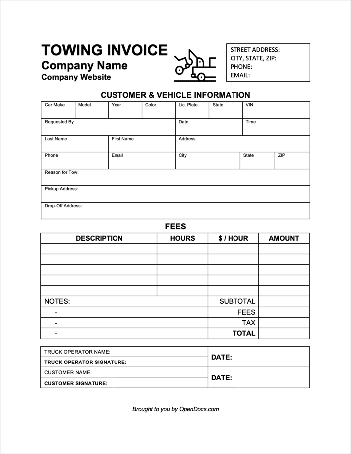 Towing Invoice Template preview