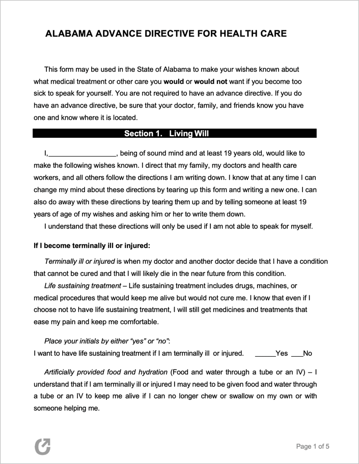 Alabama Advance Directive Form preview