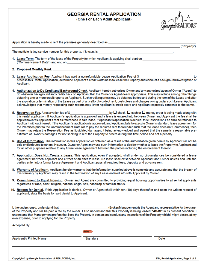 Georgia Rental Application | Form F44 preview