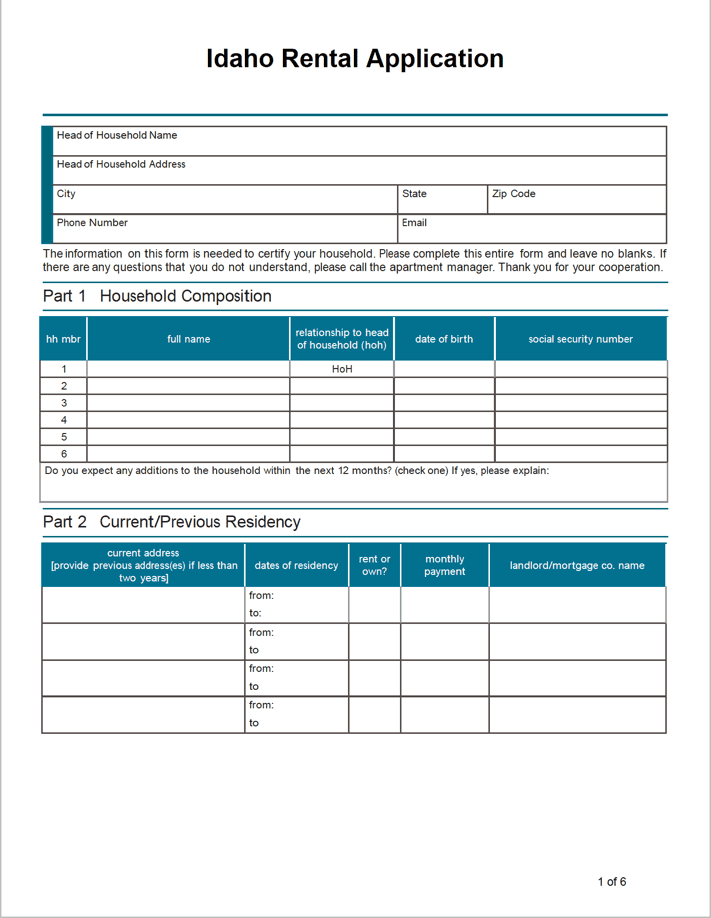 Idaho Rental Application preview