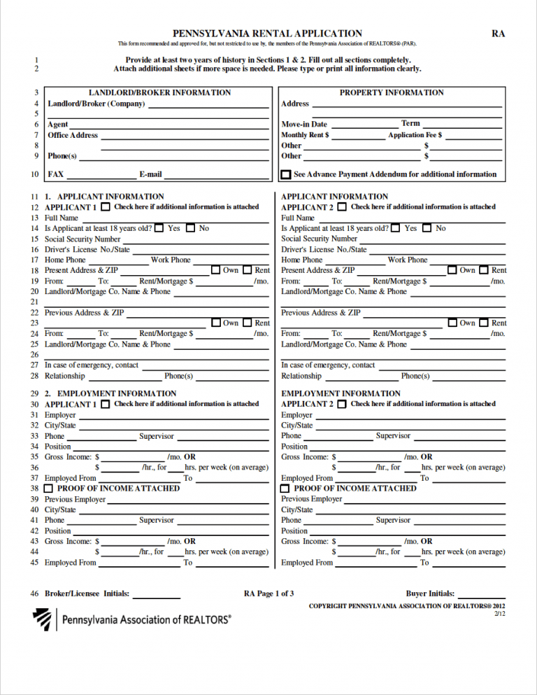 Pennsylvania Rental Application preview