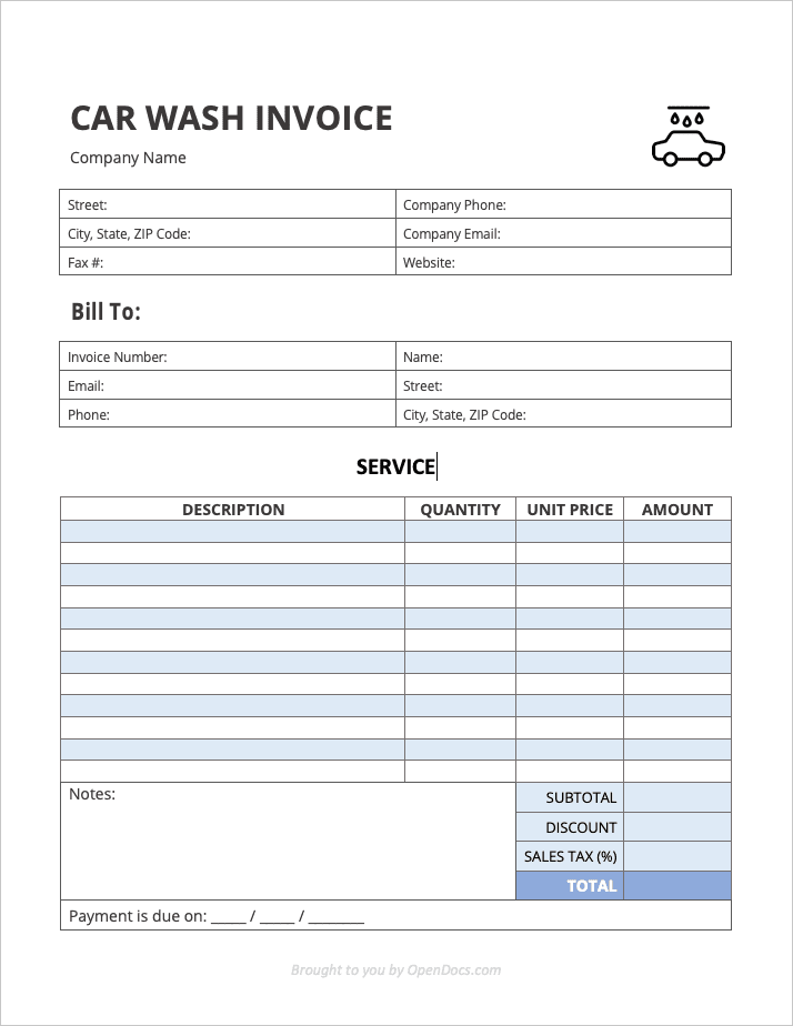 Car Wash Invoice Template preview