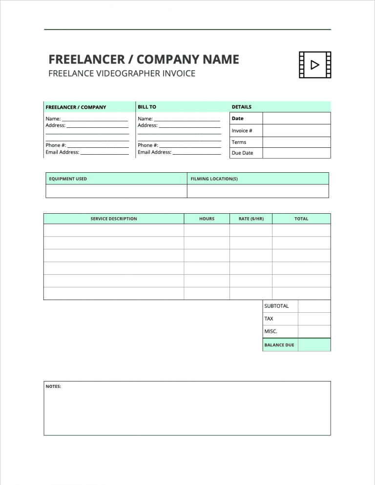 Freelance Videographer Invoice Template preview