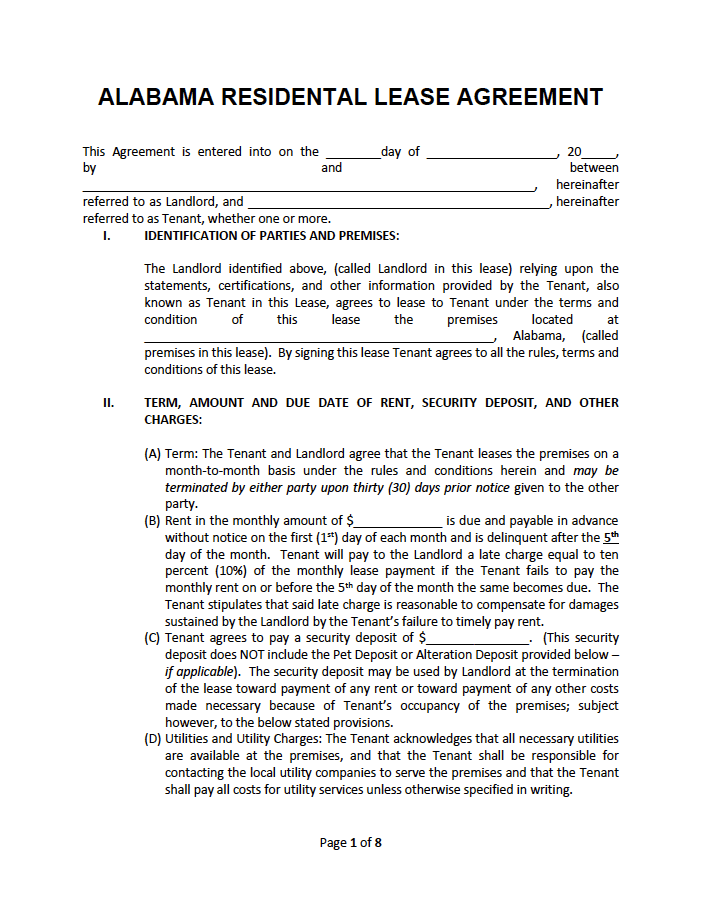Alabama Rental Lease Agreement Templates preview