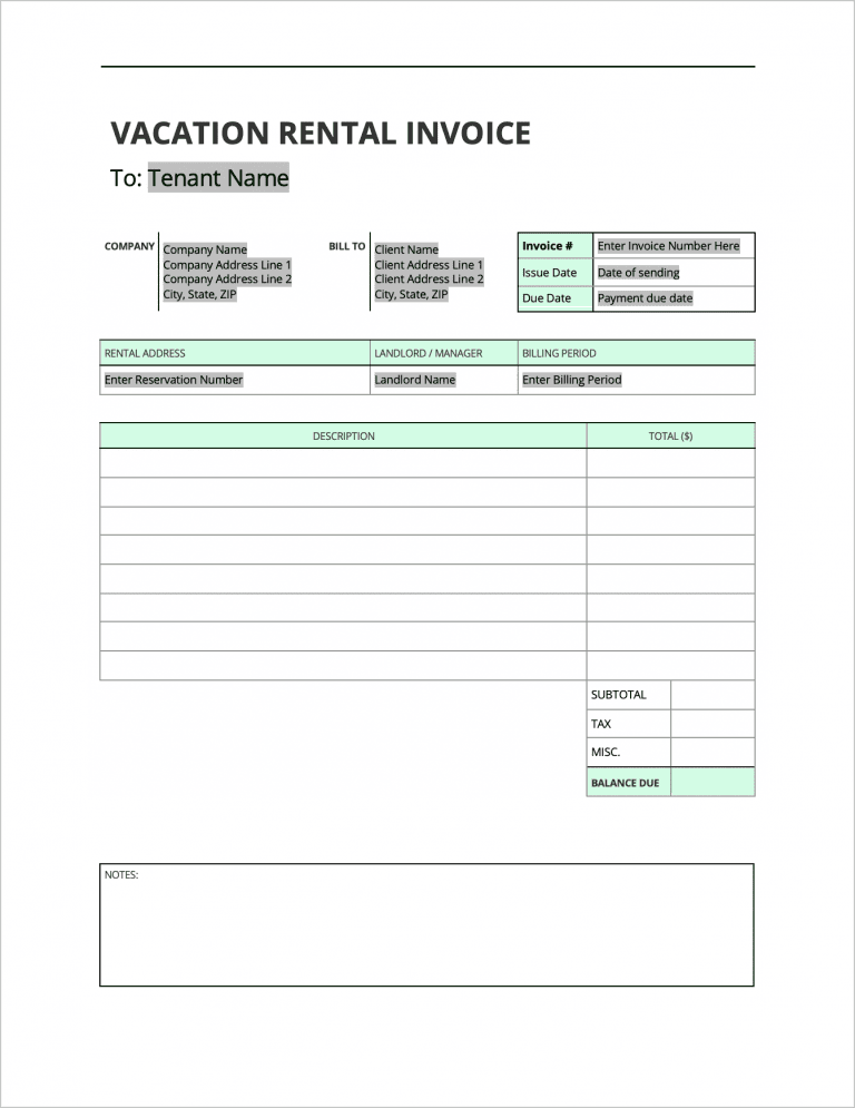 Vacation Rental Invoice Template preview