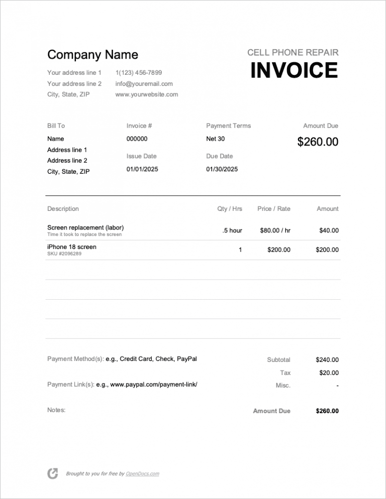 Cell Phone Repair Invoice Template preview
