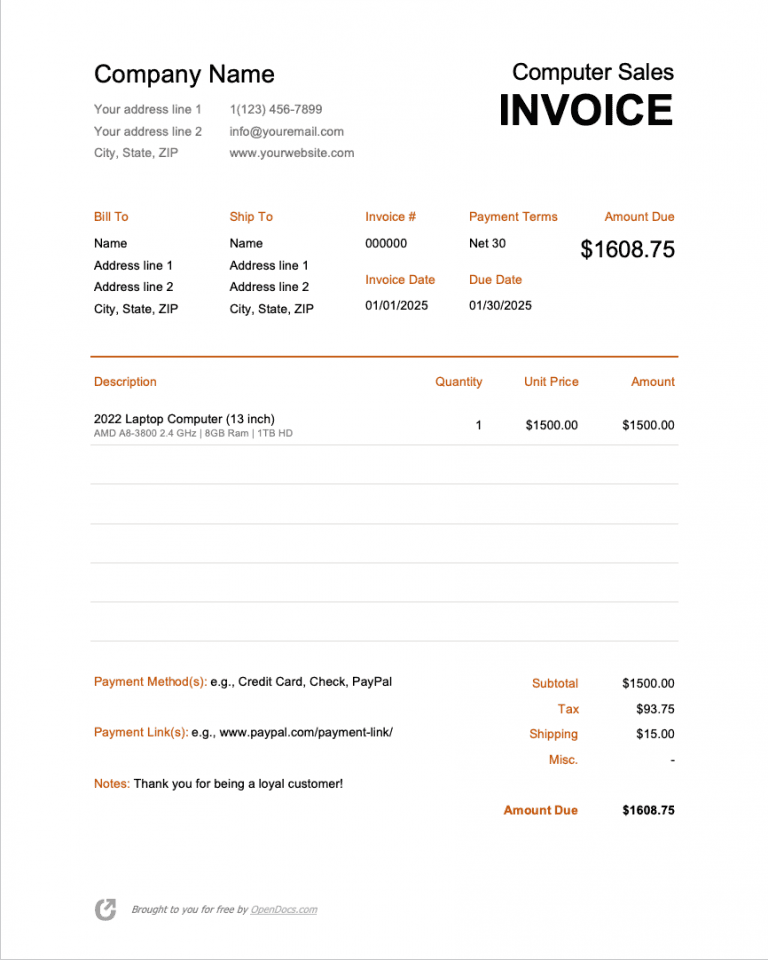 Computer Sales Invoice Template preview
