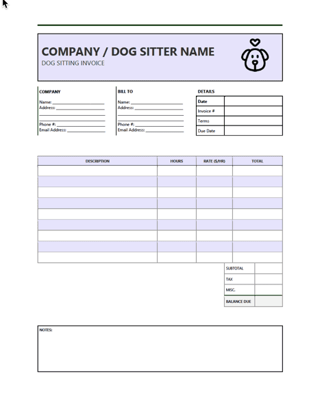 Dog Sitting Invoice Template preview
