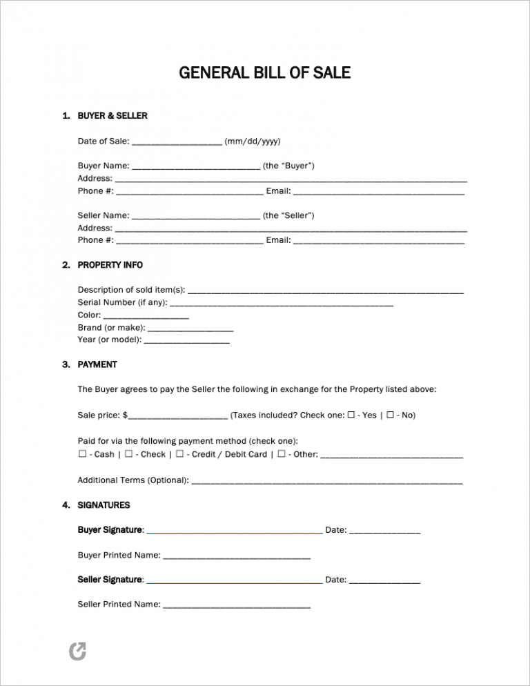 General Bill of Sale Form preview