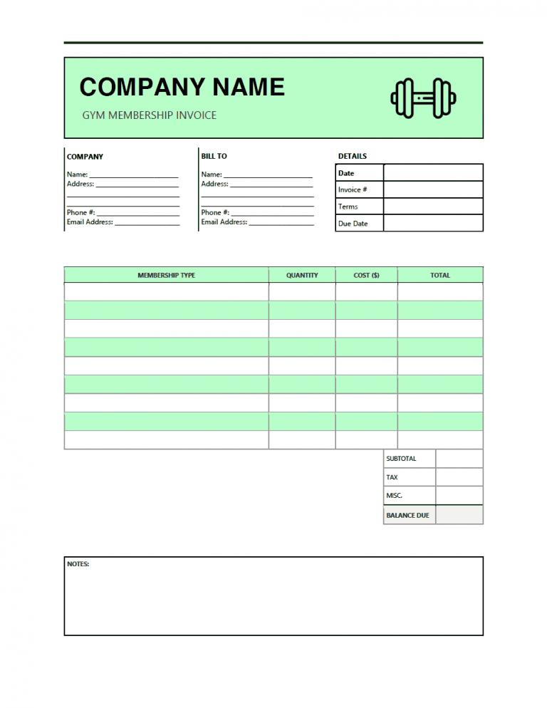 Gym Membership Invoice Template preview