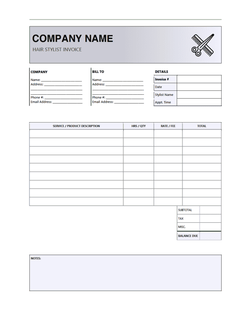 Hair Stylist Invoice Template preview