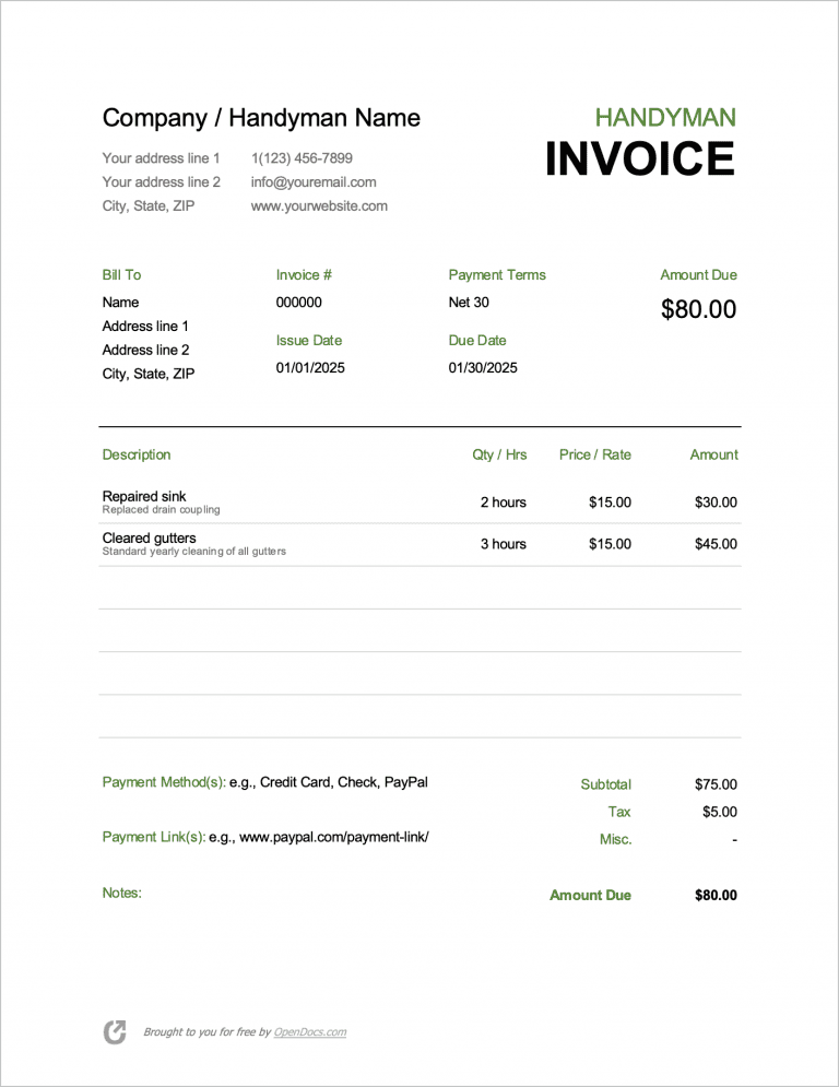 Handyman Invoice Template preview