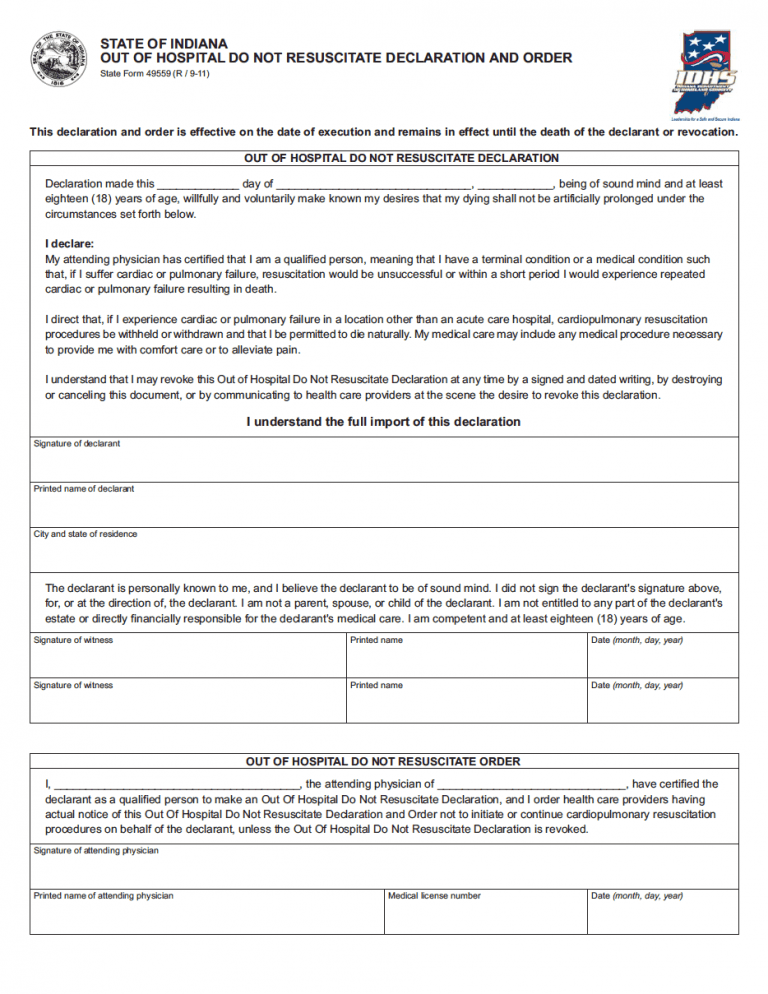 Indiana Advance Directive Form preview