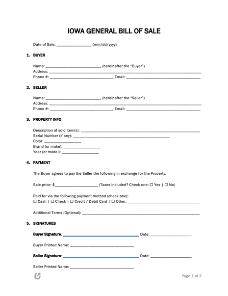 Iowa General Bill of Sale Form preview
