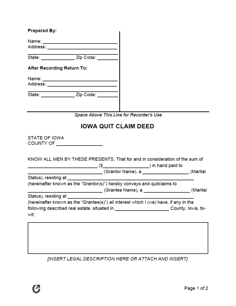 Iowa Quit Claim Deed Form preview