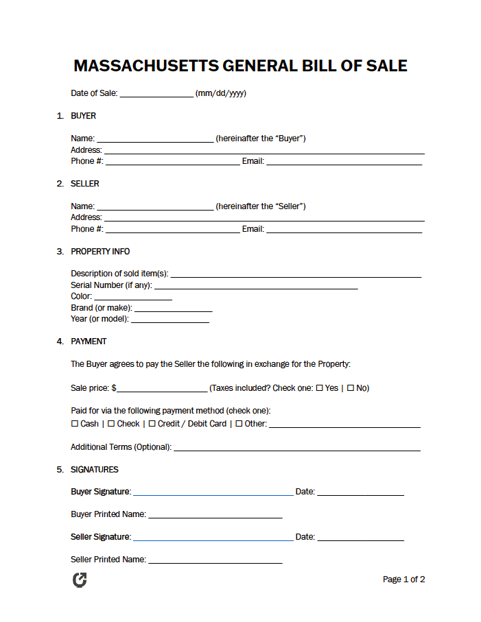 Massachusetts General Bill of Sale Form preview
