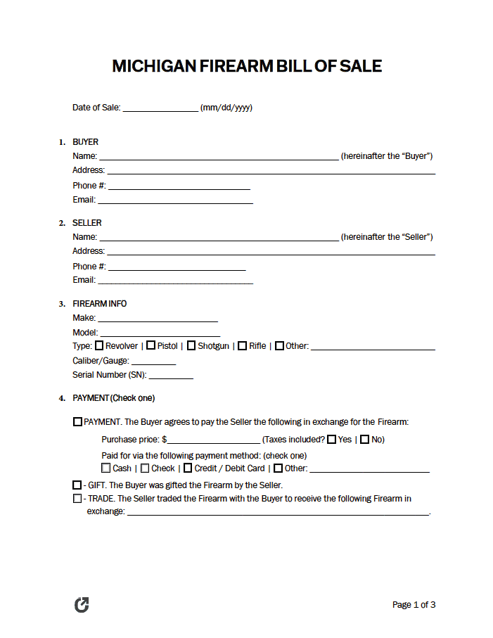 Michigan Firearm Bill of Sale Form preview