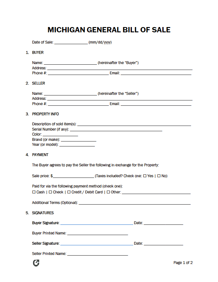 Michigan General Bill of Sale Form preview