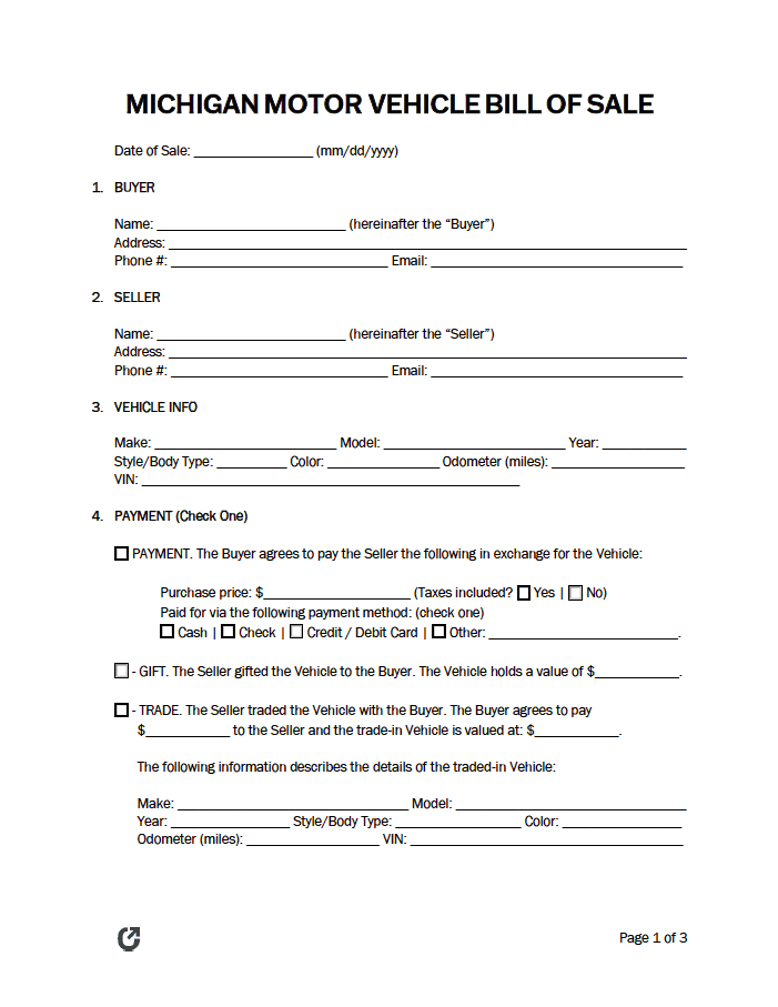 Michigan Motor Vehicle Bill of Sale Form preview