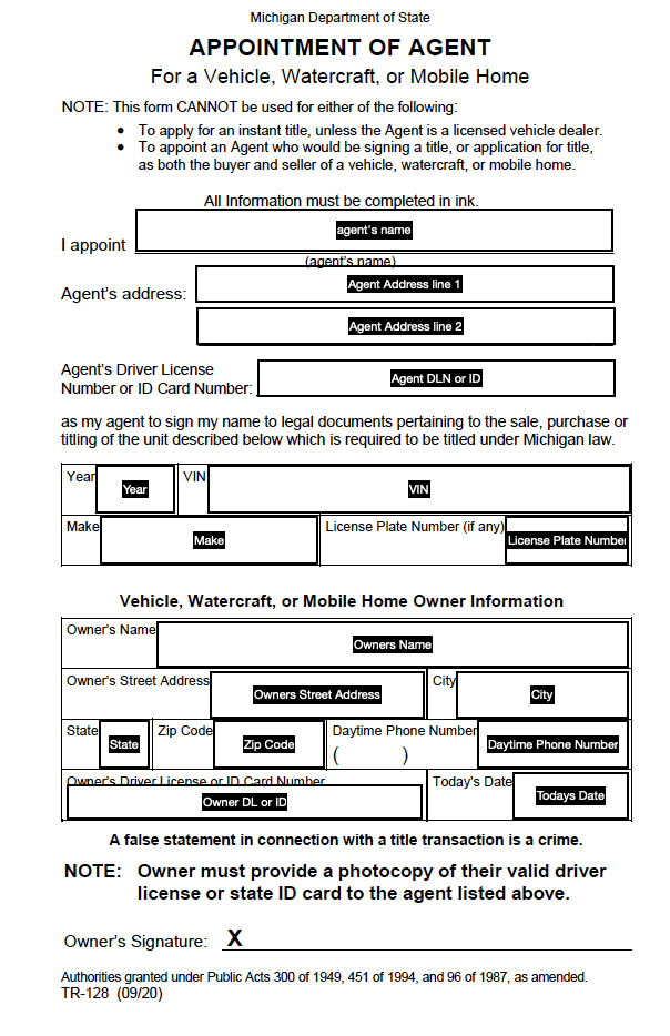 Michigan Vehicle Power of Attorney (Form TR-128) preview