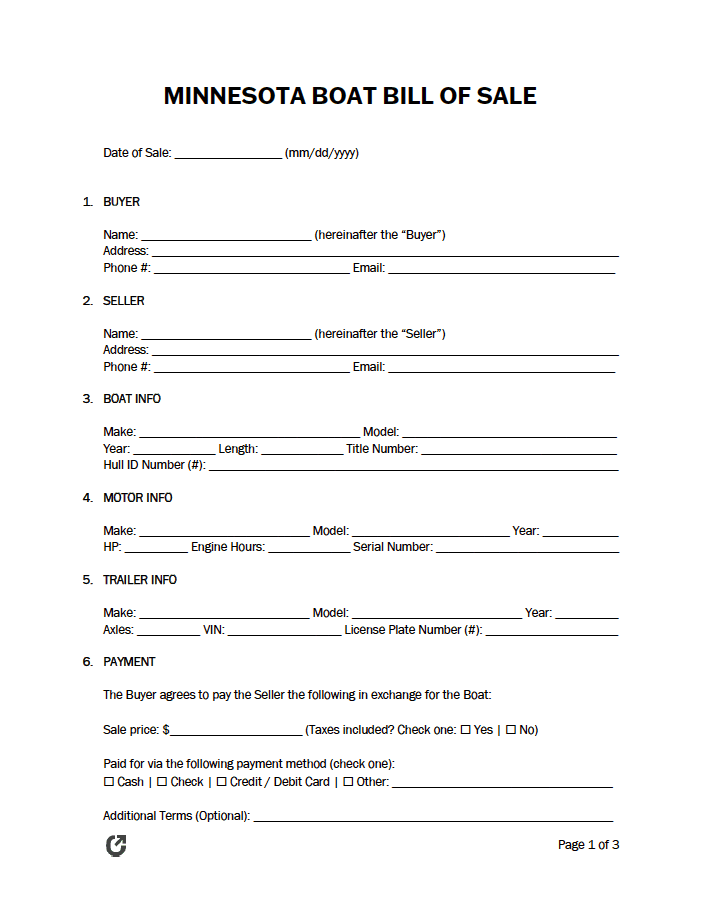 Minnesota Boat Bill of Sale Form preview