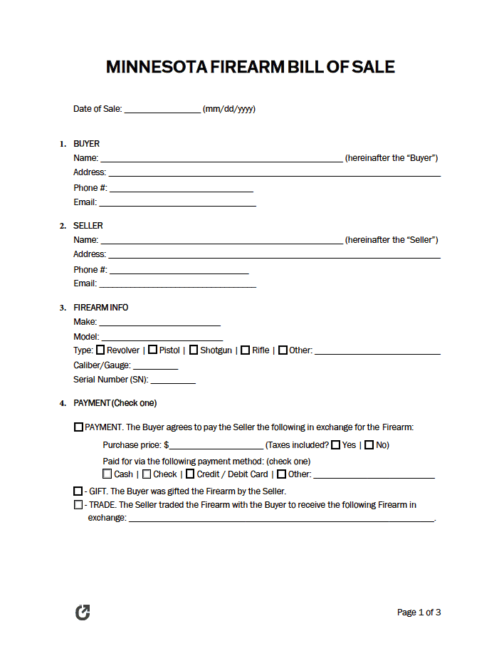 Minnesota Firearm Bill of Sale Form preview