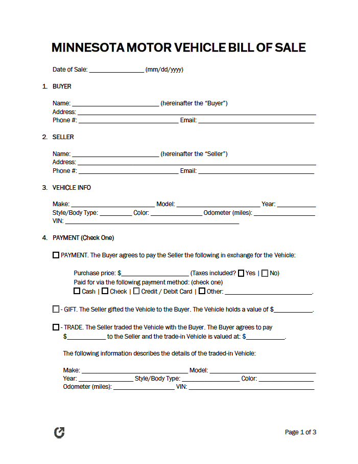 Minnesota Motor Vehicle Bill of Sale Form preview