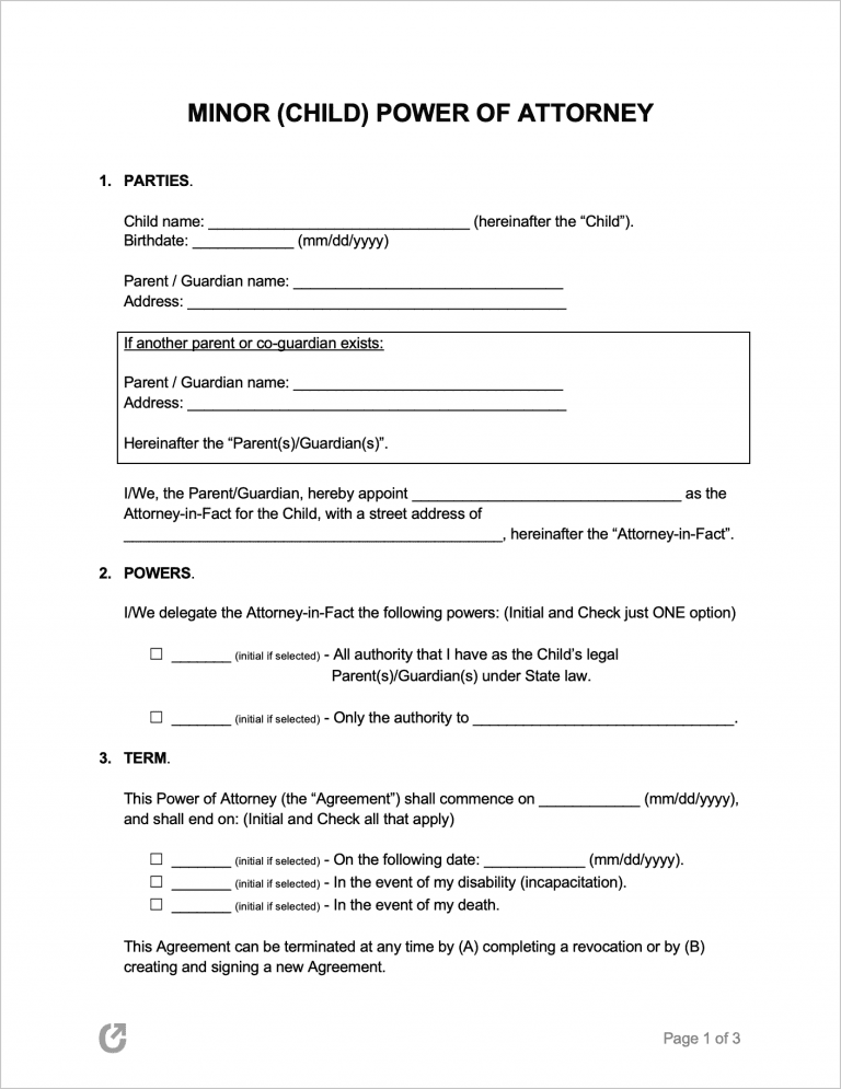 Minor Child Power of Attorney Forms preview