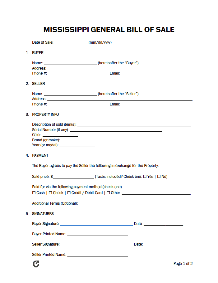 Mississippi General Bill of Sale Form preview
