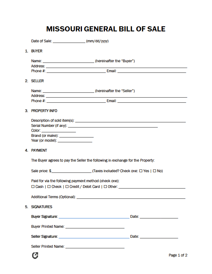 Missouri General Bill of Sale Form preview