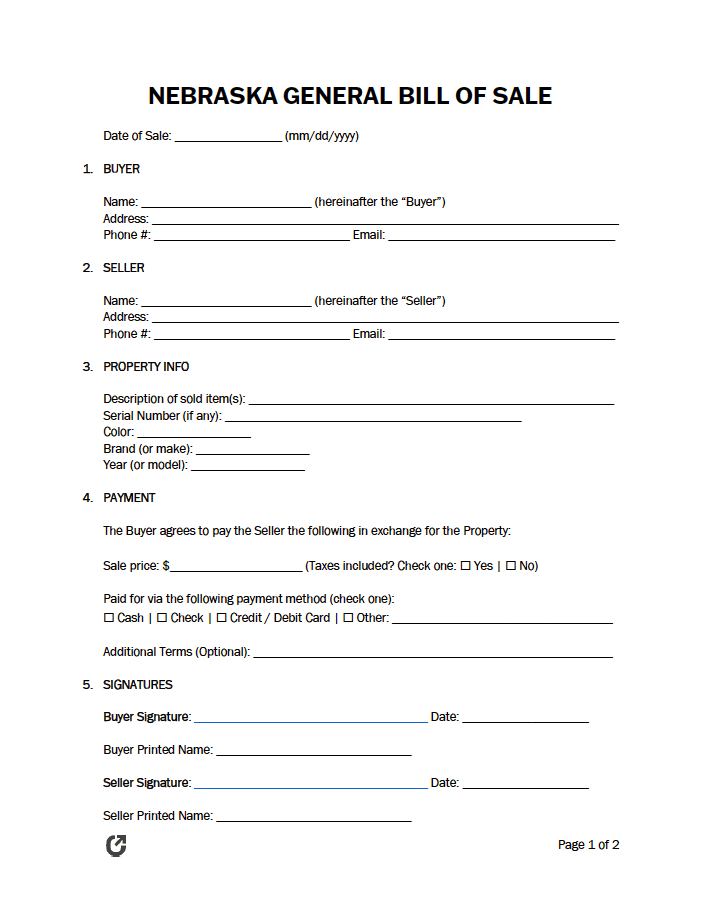 Nebraska General Bill of Sale Form preview