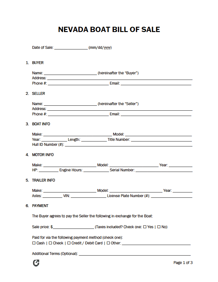 Nevada Boat Bill of Sale Form preview