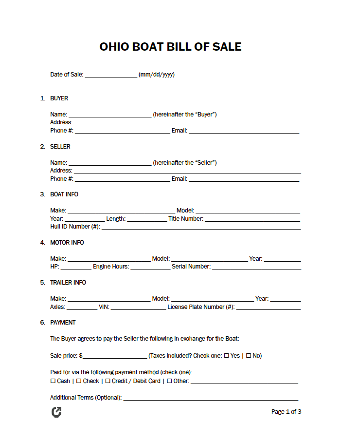 Ohio Boat Bill of Sale Form preview