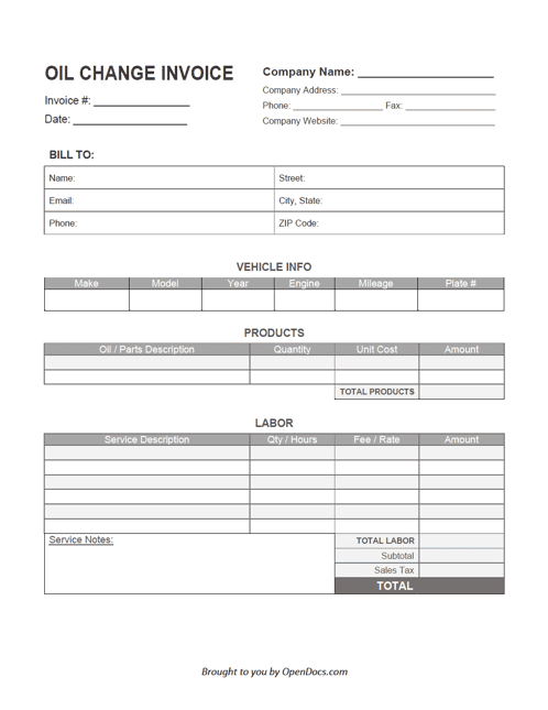 Oil Change Invoice Template preview