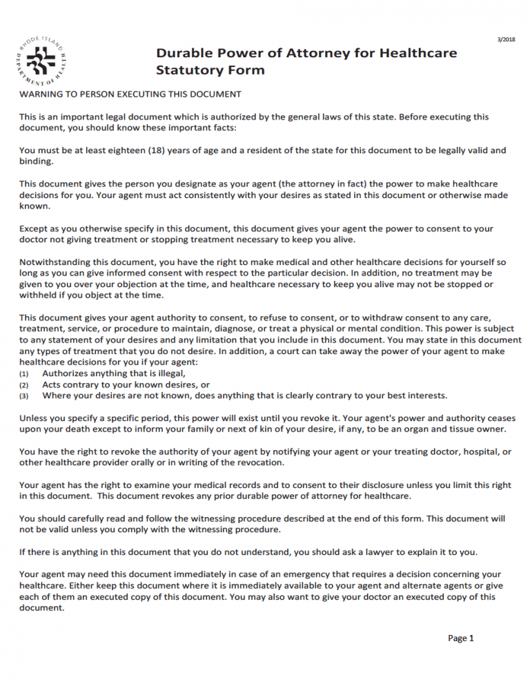 Rhode Island Advance Directive Form preview