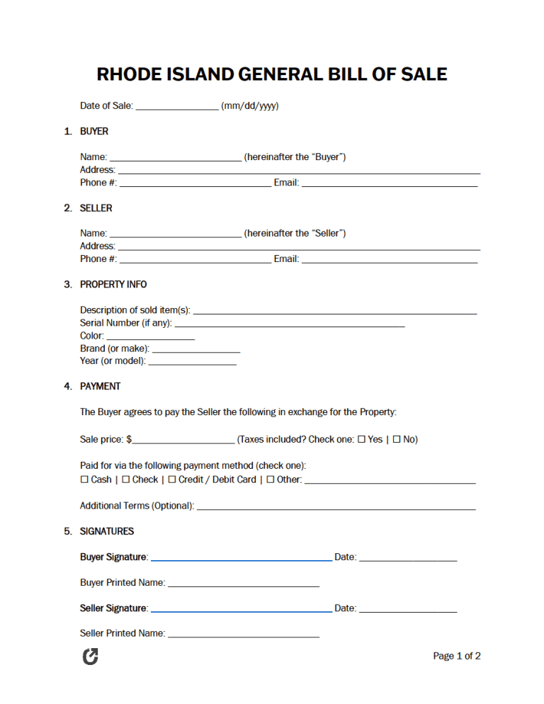 Rhode Island General Bill of Sale Form preview