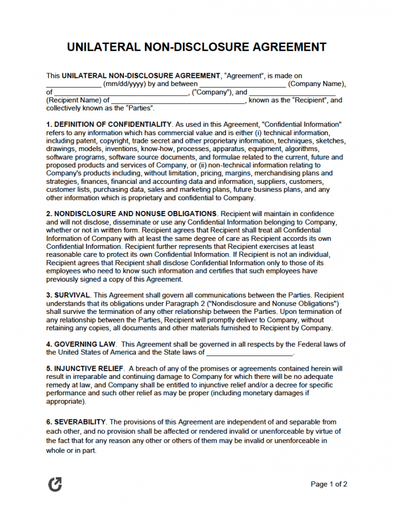 Unilateral Non-Disclosure Agreement preview
